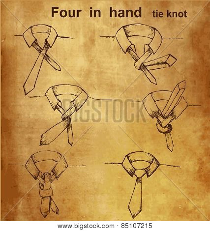 Vector tie and knot vintage instruction, four in hand