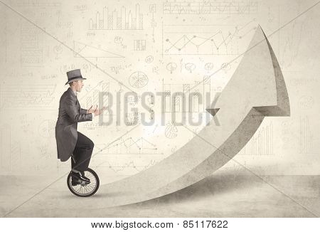 Happy business man riding a monocycle up on an arrow concept