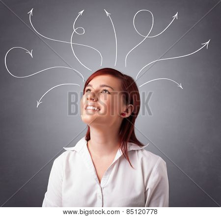 Pretty young girl thinking with arrows overhead