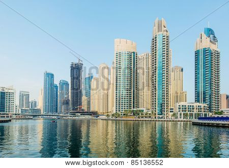 Dubai - AUGUST 9, 2014: Dubai Marina district on August 9 in UAE, Dubai. Dubai Marina district is a popular residential and business area.