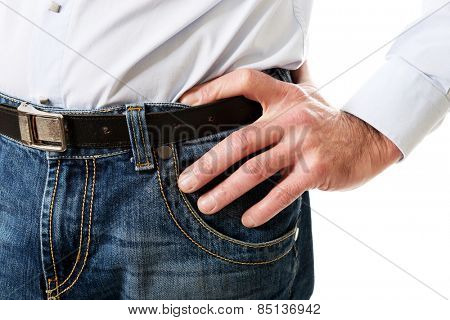 Fashionable mature men in jeans trousers. 