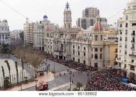 VALENCIA, SPAIN - MARCH 8, 2015: The city Hall Building just before the celebration of the Mascleta in the Ayuntamiento Plaza.