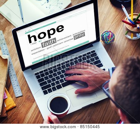 Businessman Digital Dictionary Hope Faith Pray Concept