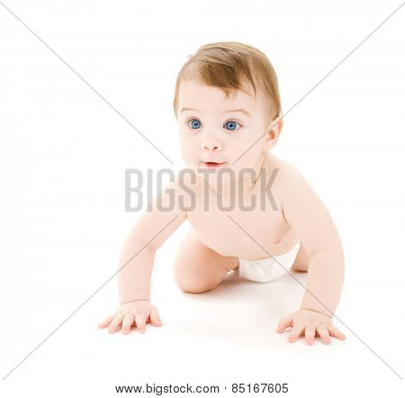 bright picture of crawling curious baby over white backgroubd