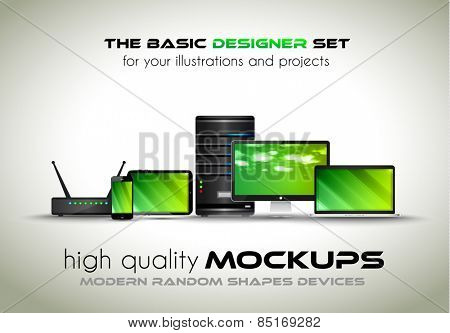 Modern devices mockups for your business projects. Set of laptop, desktop computer, server, modem router, tablet and smartphone with generic look.