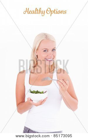 The word healthy options against charming lady eating salad