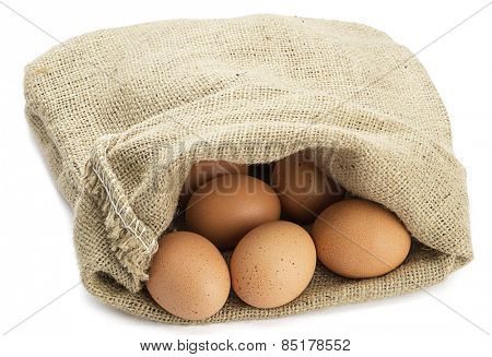 Organic eggs in jute sack isolated on white background.