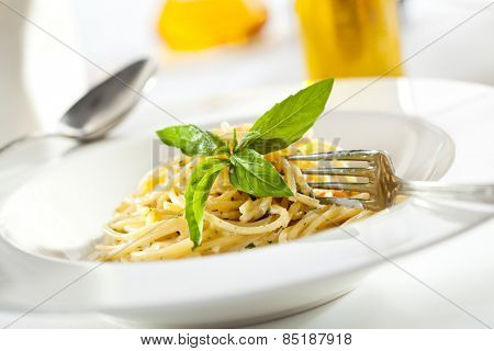 Spaghetti with Dorblu Cheese and Basil Leaf