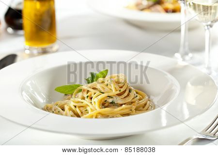 Spaghetti with Dorblu Cheese and Basil Leaf