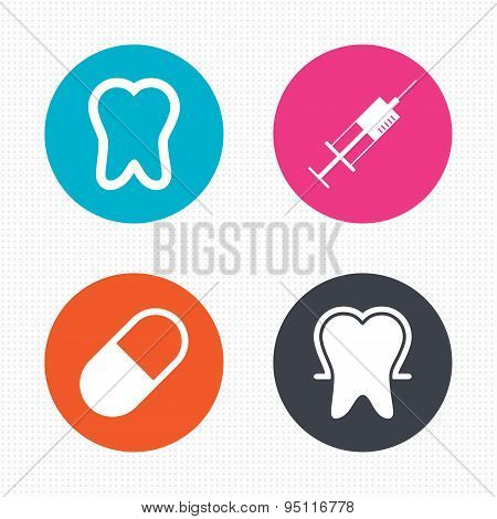 Tooth enamel icons. Medical syringe and pill.