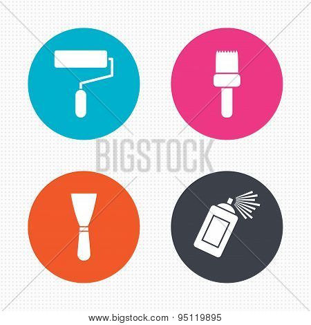 Paint roller, brush icon. Spray can and Spatula.