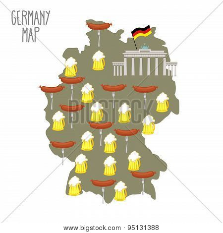 Map of Germany. Beer and sausages. Attraction Berlin Brandenburg Gate. Vector illustration.