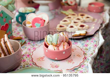 Prepared birthday table with sweets for children party