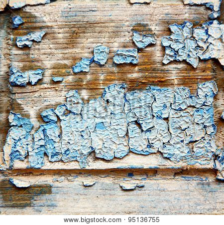 Dirty Stripped Paint In The Blue Wood Door And Rusty Nail