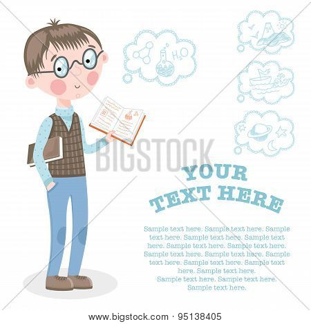 A student with a book or a notebook. Student in glasses standing with open notebook. Education, knowledge, school, education. Vector illustration in a cartoon style.