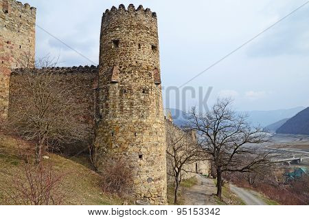 Georgia,Zhinvali-March,1 2015:Round tower of Ananuri Castle. Georgia