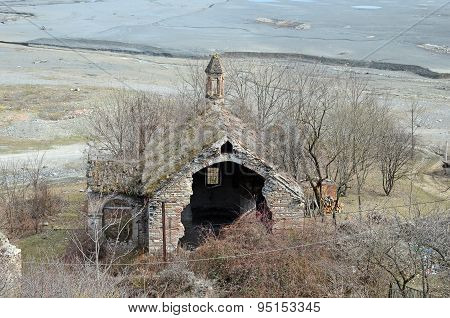 Ruined temple in the lower part of Ananuri Castle. Georgia