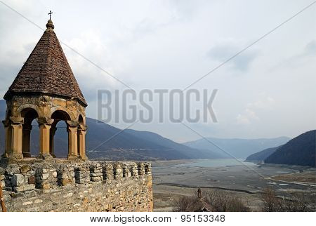 Georgia, Zhinvali-March,1 2015:View on winter shallowed Zhinvali reservoir from Ananuri Castle