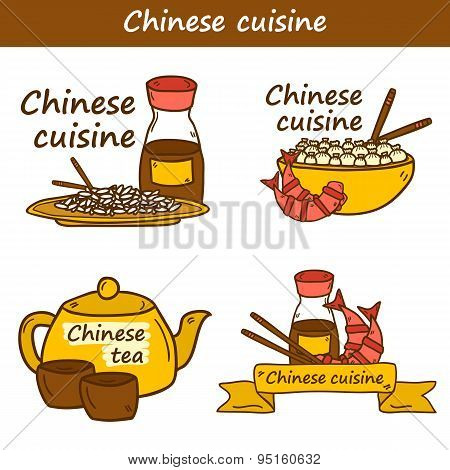 Set of templates with cute modern hand drawn cartoon objects on chinese food theme: rice, teapot, chinese pasta, soy sause, soup, chinese sticks, chinese dumpling, shrimp. Vector ethnic chinese cuisine concept. You can use it for site, restaurant menu