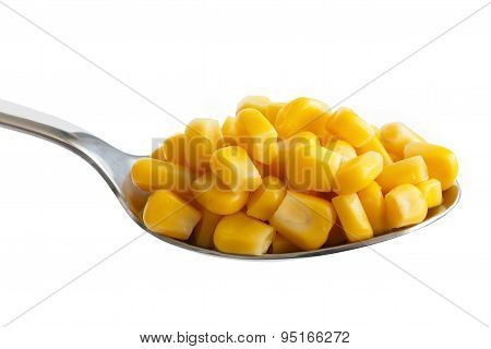 Spoon Full Of Tinned Sweetcorn Isolated On White.