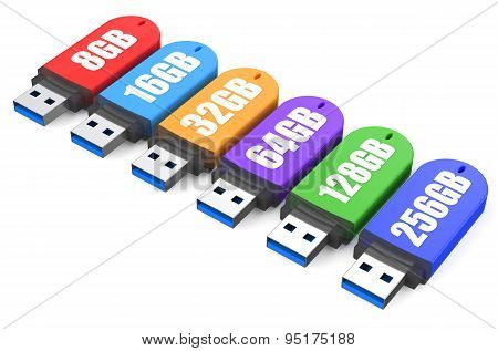 3D Row Of Color Usb Flash Drives