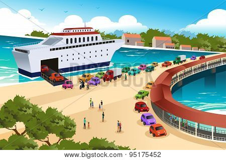 Cars Queuing Waiting For A Ferry
