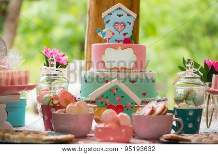 Prepared birthday table with sweets for children party