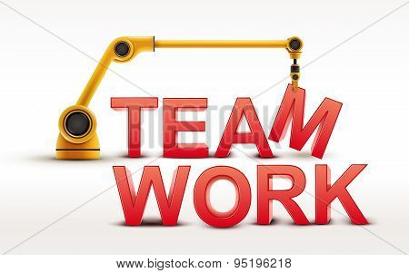 Industrial Robotic Arm Building Teamwork Word