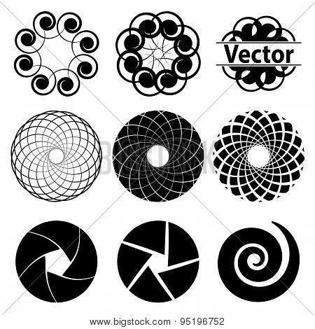 Set Fractal And Swirl Shape Element. Vintage Monochrome Different Objects. Vector Decorative Sample.