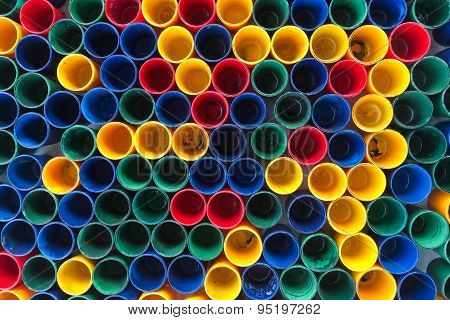 Top View Of Primary Colors Of Mix Color Cups  For Artist Painting.