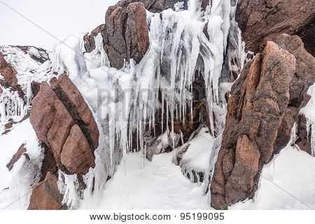 Ice Stalactites On Volcanic Rocks