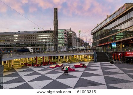 STOCKHOLM, SWEDEN - JULY 7, 2016: This is an evening view of the central area of Norrmalm called Sergels Torg.