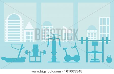 fitness gym interior template with sports equipments and cardio equipment, exercise bike, treadmills, elliptical trainers, . Fitness concept with sport Club in flat style. Blue silhouette