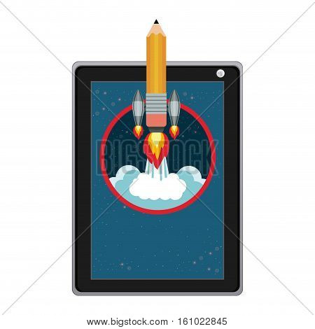 Tablet device and rocket icon. Start up plan idea and strategy theme. Isolated design. Vector illustration