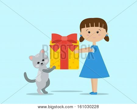 Cute cartoon girl and cat are holding a present with a bow. Flat style vector illustration for a birthday greetings card or a poster.