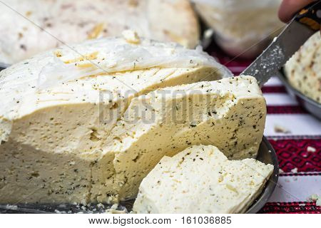pieces of delicious white cheese with spices