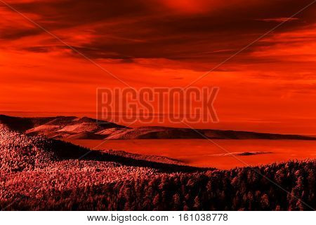 Fantastic Aerial Infrared View Of Mountain Landscape With Sea Of Fog