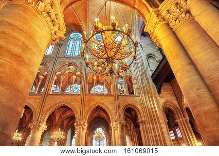Paris, France - July 04, 2016 : Interior Of One Of The Oldest Cathedrals In Europe- Notre Dame De Pa