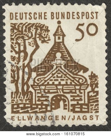 MOSCOW RUSSIA - CIRCA NOVEMBER 2016: a post stamp printed in GERMANY shows Castlegate Ellwangen (Jagst) the series 