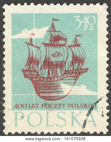 MOSCOW RUSSIA - CIRCA NOVEMBER 2016: a post stamp printed in POLAND shows a ship the series "The 400th Anniversary of Polish Postage" circa 1958