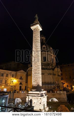 Trajan Column On Roman Forums In Night
