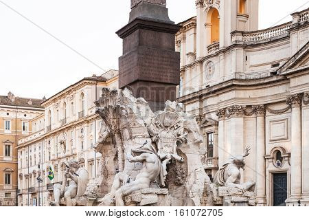 Fontana Dei Quattro Fiumi With Obelisk In Rome
