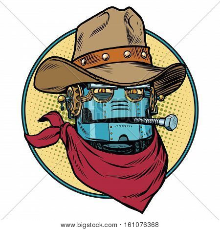 Robot cowboy West wild world. Pop art retro vector illustration. Android and artificial intelligence. Retro science fiction