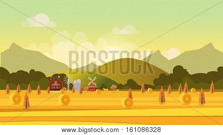 Countryside Landscape With Haystacks On Fields. Rural Area . Hay Bales. Farm Flat . Organic Food Con
