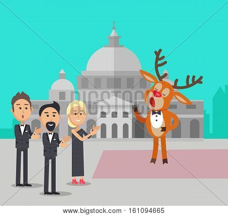 Deer singing song near the conservatory. Reindeer in suit sing opera. Audience applause to him. Deer singer in flat style design. Cute cartoon mammal posing. Deer in bow. Vector illustration
