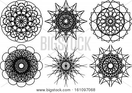 Set of six spirograph circular shapes. Design elements isolated on white background. Flowers and snowflakes. Vector