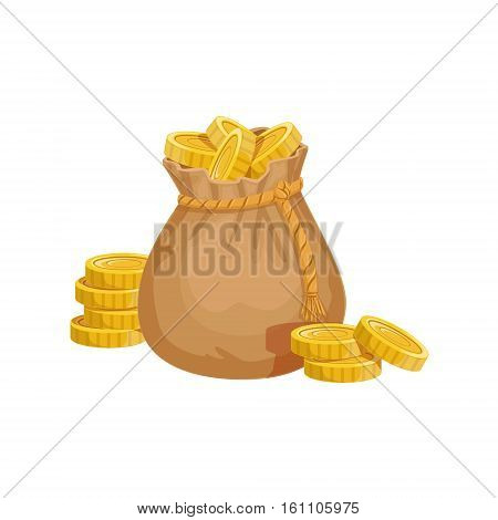 Small Sack With Golden Coins, Hidden Treasure And Riches For Reward In Flash Came Design Variation. Cartoon Cute Vector Illustration With Isolated Treasury Object For Bonus Element In Video Games.