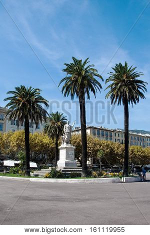 BASTIA, CORSICA, FRANCE, SEPTEMBER 03, 2016: A statue of Napoleon (as a Roman Emperor) on st. Nicolas square in Bastia