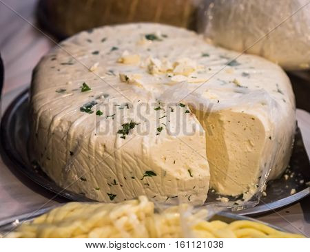 pieces of delicious white cheese with spices