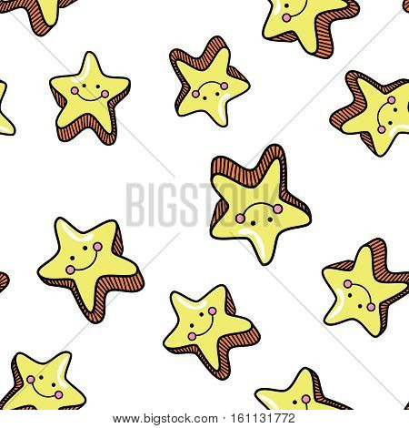 Seamless pattern with cute smiling stars on whiye background. Vector illustration.